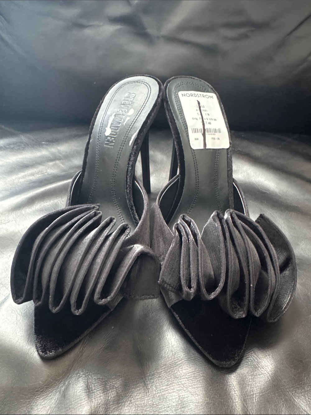 Steve Madden Black satin Ruffle Slide Heels